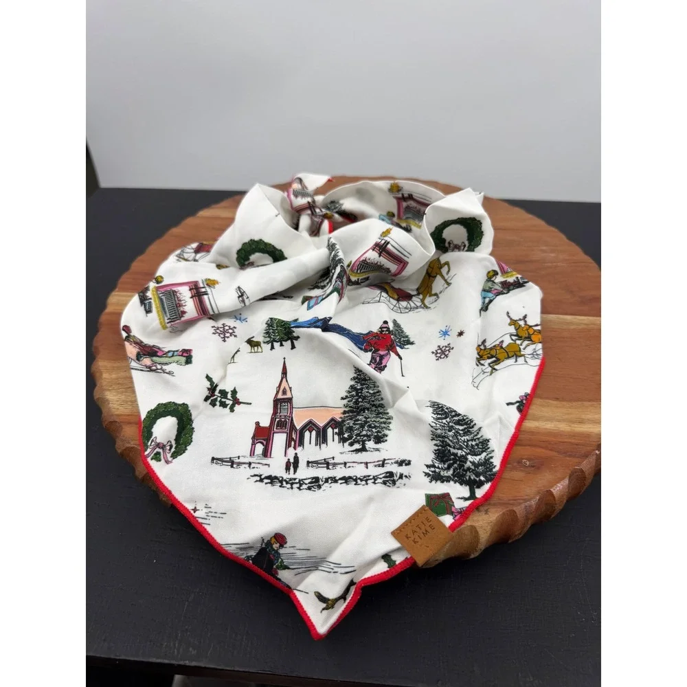 Katie Kime Winter Toile Dog Bandana Pet L/XL White Red Holiday Skiing Scarf